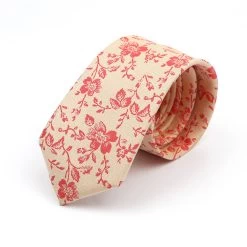 Bonita Springs Floral Skinny Polyester Tie, Cream / Red