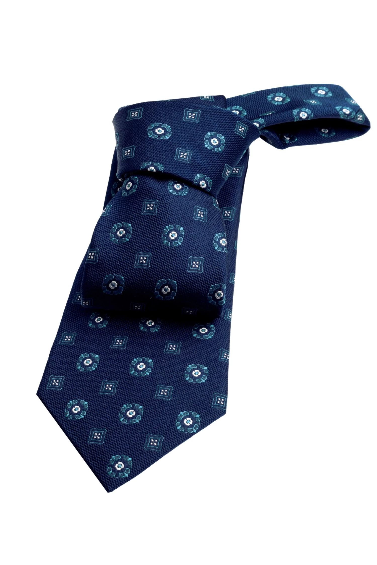 Hunter Foulard Silk Tie, Navy / Turquoise / White