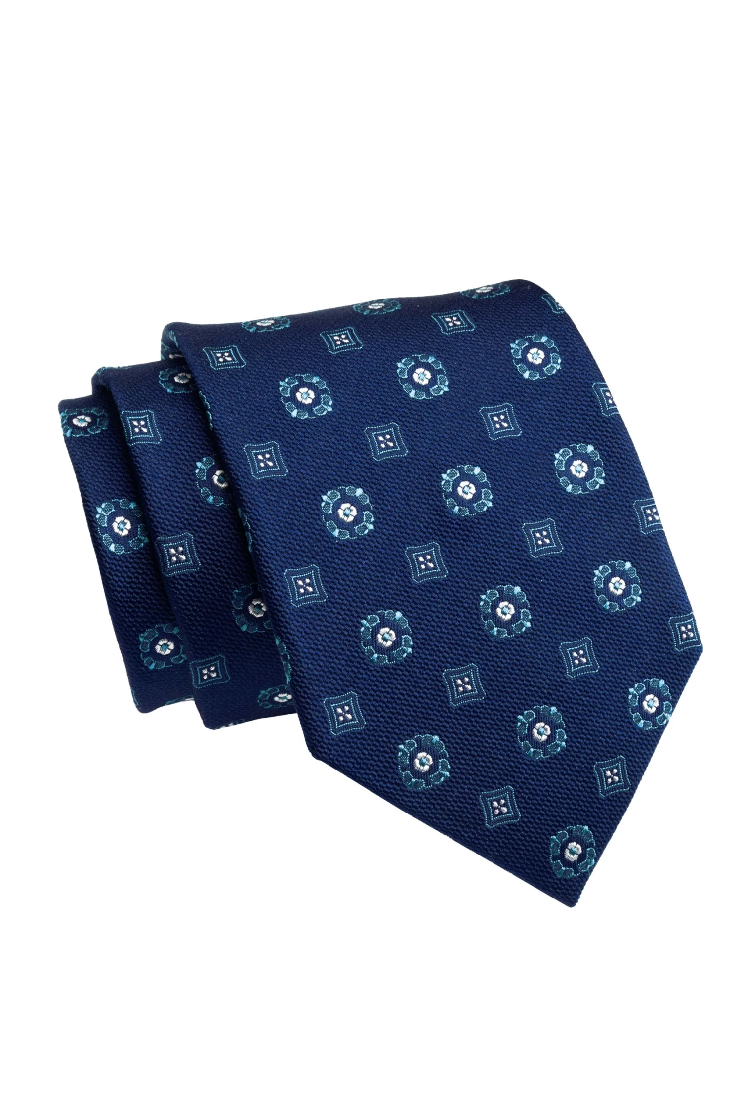 Hunter Foulard Silk Tie, Navy / Turquoise / White - Image 2