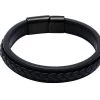 Costa Mesa Black Leather Stainless Steel Bracelet