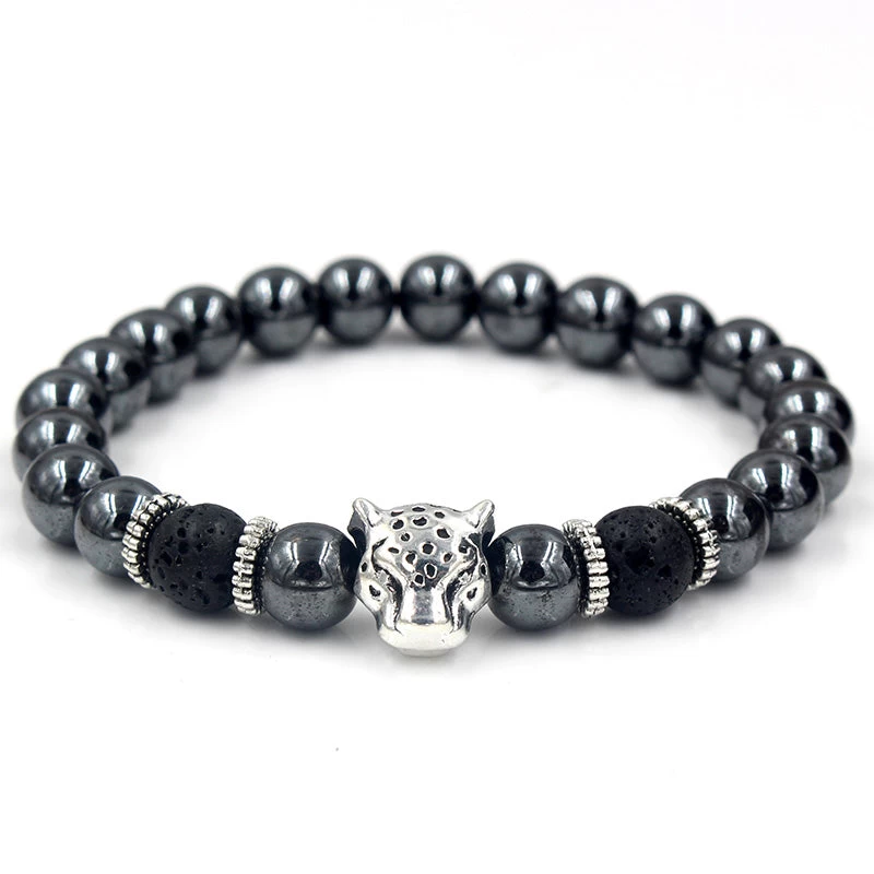 Oakley Silver Leopard Black Hermatite Beaded Bracelet